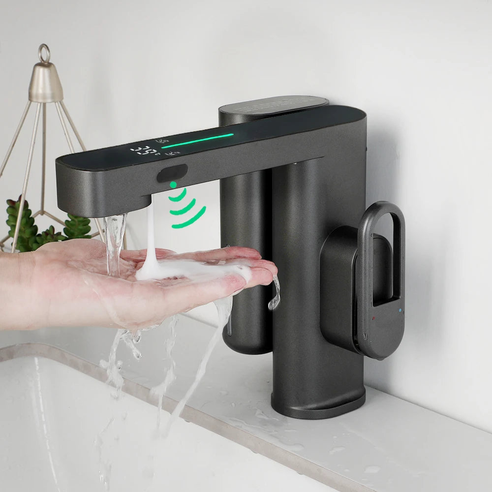 SINLAKU Bathroom Basin Sensor Faucet With Foam Soap Dispenser Deck Mounted Single Hole Stream Outlet Touch Free Mixer Taps