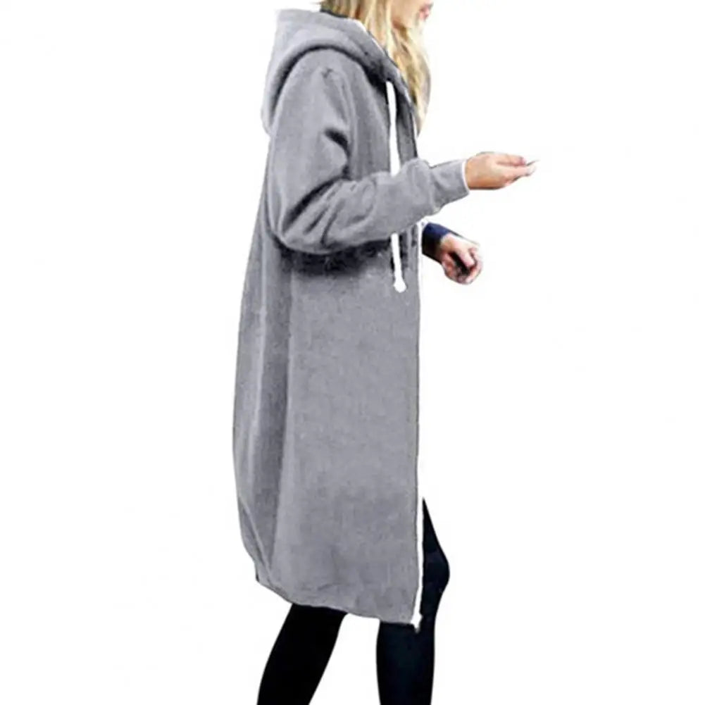 Plush Hooded Drawstring Women Jacket Thick Long Sleeves Zip Up Knee Length Autumn Coat Hooded Long Loose Winter Sweatshirt