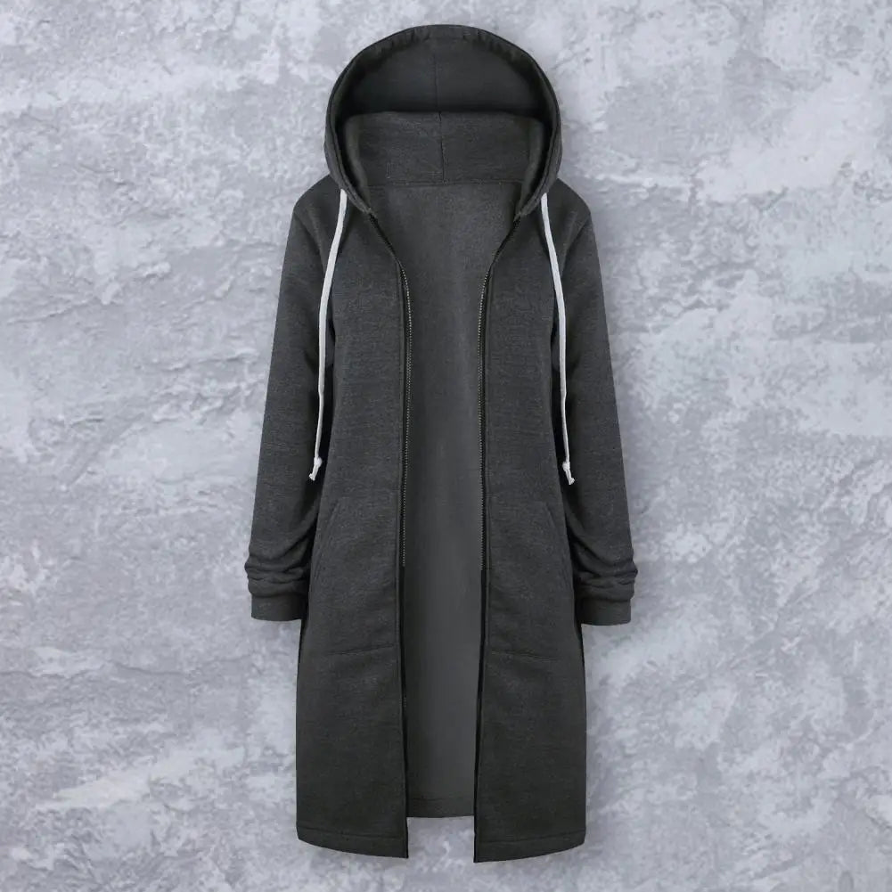 Plush Hooded Drawstring Women Jacket Thick Long Sleeves Zip Up Knee Length Autumn Coat Hooded Long Loose Winter Sweatshirt