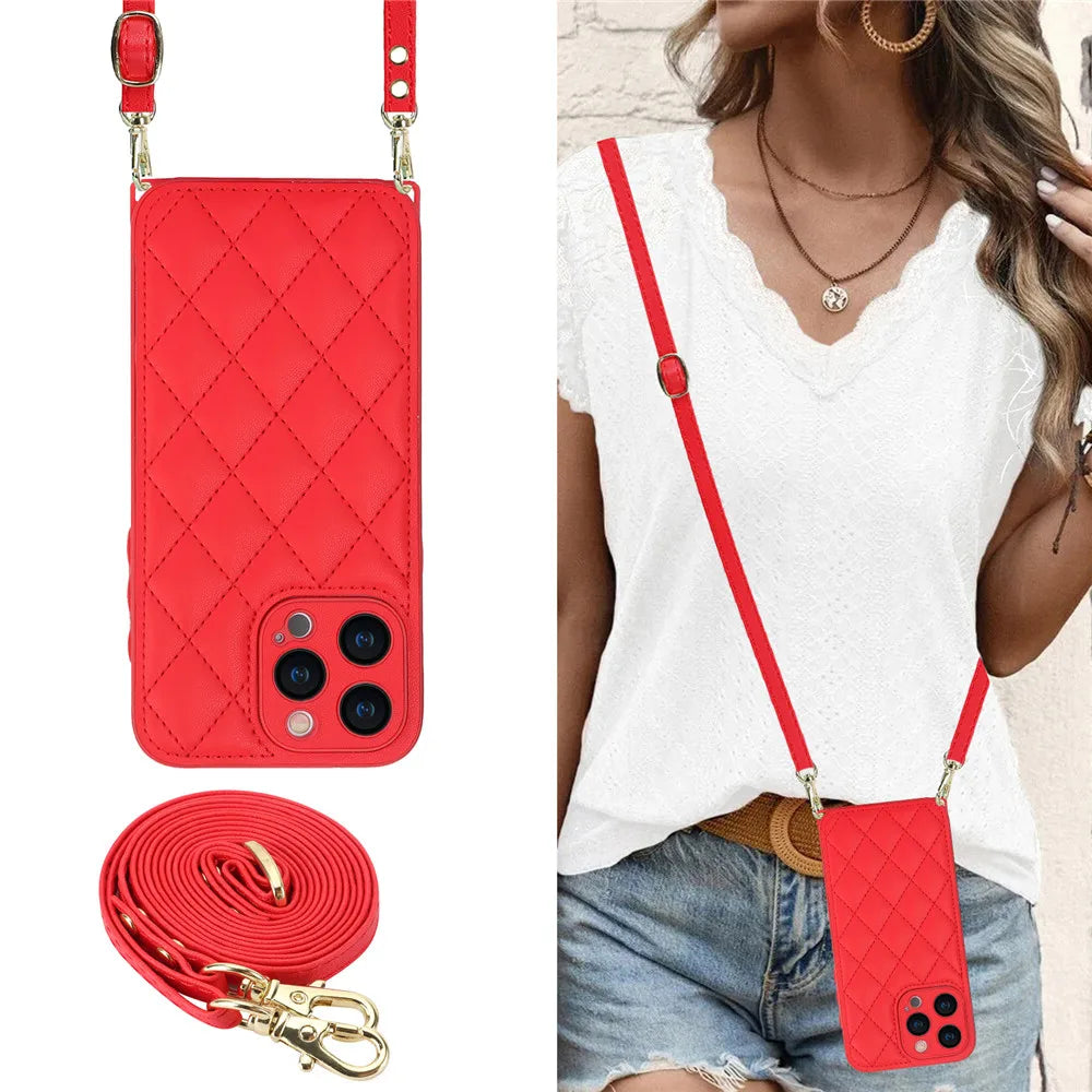 Luxury Long Lanyard Crossbody Leather Phone Case For iPhone 15 14 13 12 11 Pro Max XS XR Adjustable Shoulder Strap Leather Cover