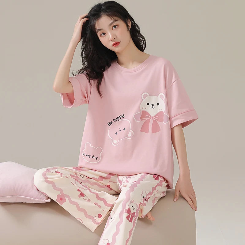 New Pajama Soft Cotton Pajamas for Women Summer Short Sleeved Plaid Pants Pijamas Korean Kawaii Rabbit Print Sleepwear