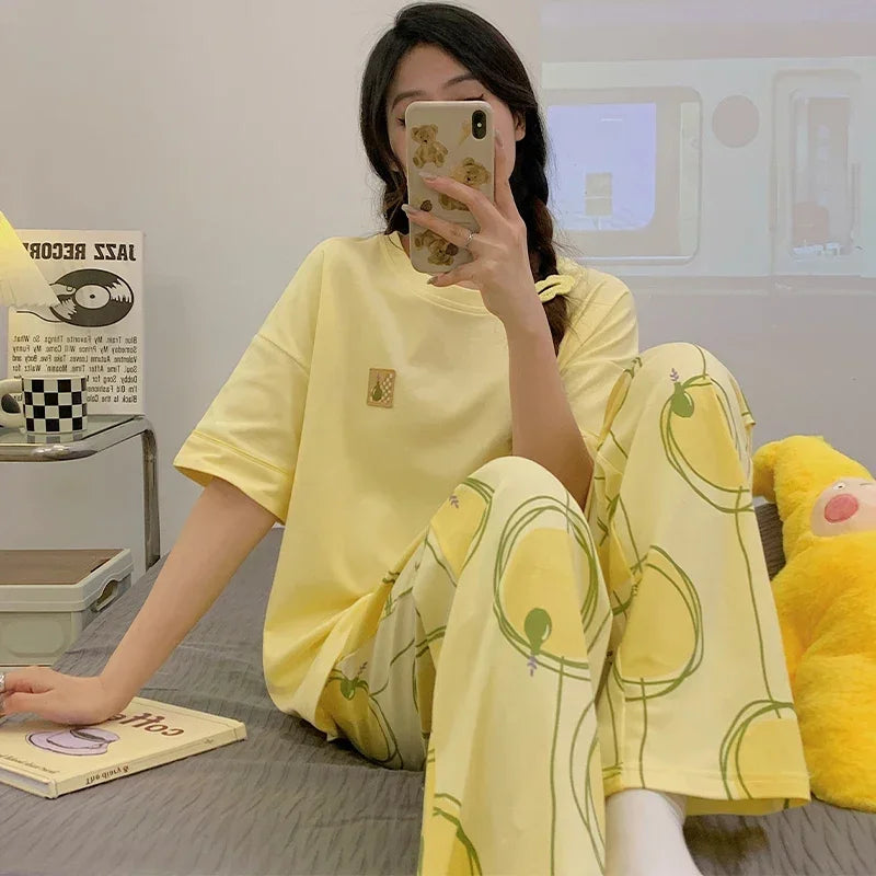 New Pajama Soft Cotton Pajamas for Women Summer Short Sleeved Plaid Pants Pijamas Korean Kawaii Rabbit Print Sleepwear