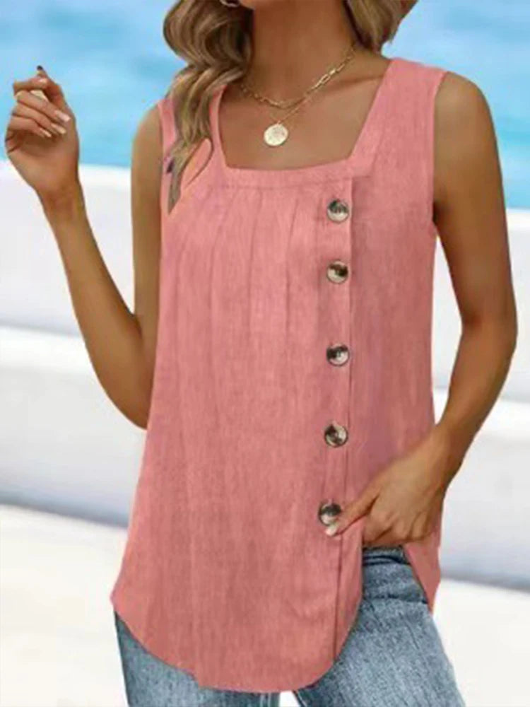 Summer New Women's Pleated Square Neck Sleeveless Swallowtail Button Tank Top for Women