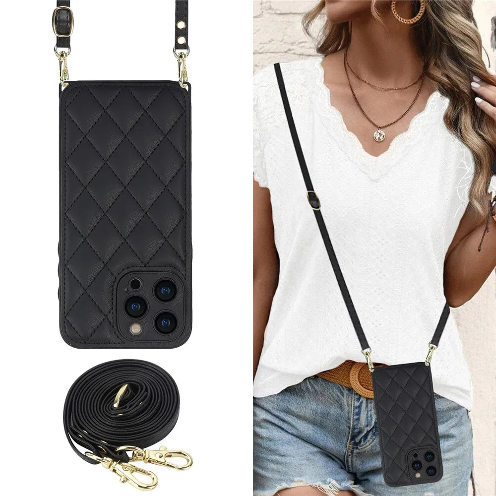 Luxury Long Lanyard Crossbody Leather Phone Case For iPhone 15 14 13 12 11 Pro Max XS XR Adjustable Shoulder Strap Leather Cover