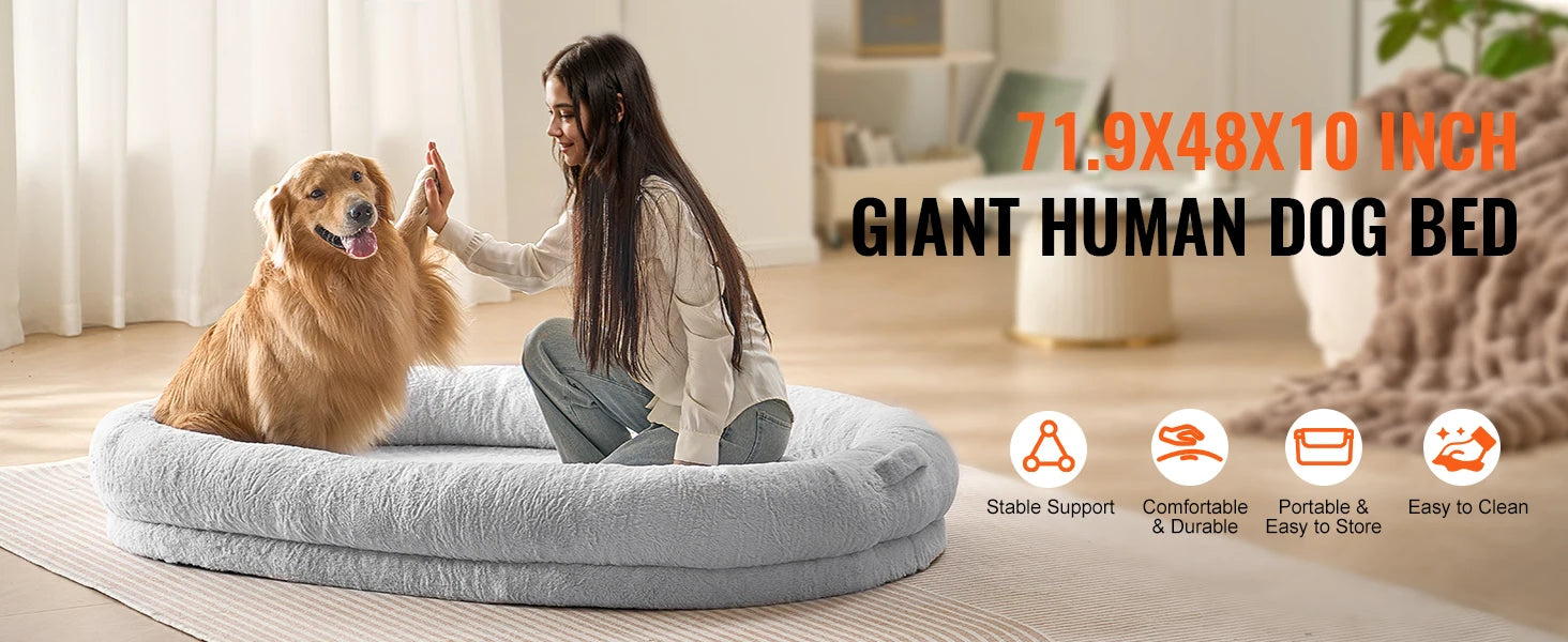 SucceBuy Human Dog Bed Human Dog Bed for Adult Human Size Dog Bed with Washable Faux Rabbit Fur Cover Egg Orthopedic Foam Grey