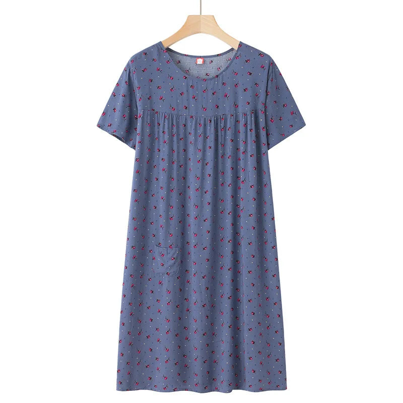 Middle-Aged and Elderly Short Sleeve Nightdresses Women Pajamas Summer Thin Loose Dresses Printed Ladies Sleepwear Homewear