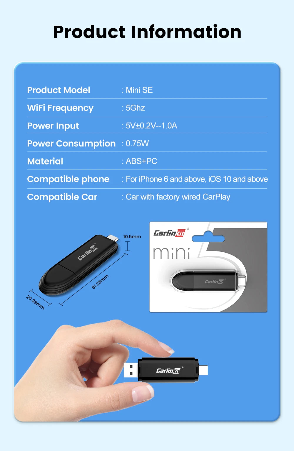 CarlinKit Mini 5 SE Wired To Wireless CarPlay Adapter 5Ghz WiFI Bluetooth Auto-Connect Online Upgrade Easy Setup Smart Car Box