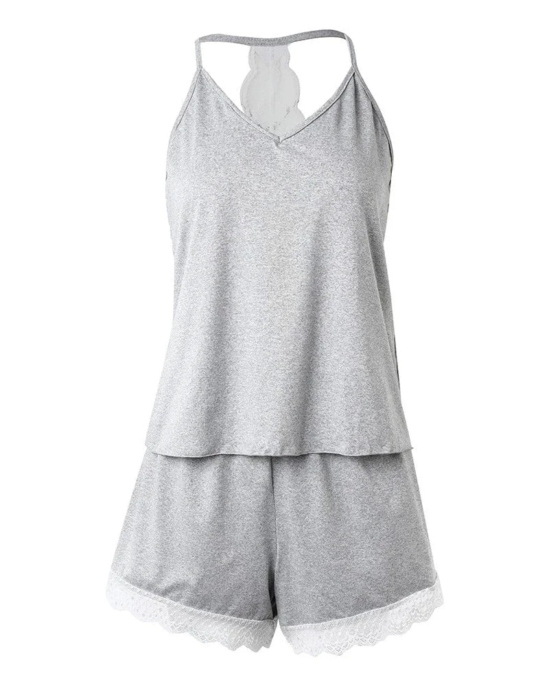 Summer Lace Crochet 2 Pieces Pajamas Set for Women Sleepwear Sleeveless V-Neck Crop Tops and Shorts Sets Casual Loungewear