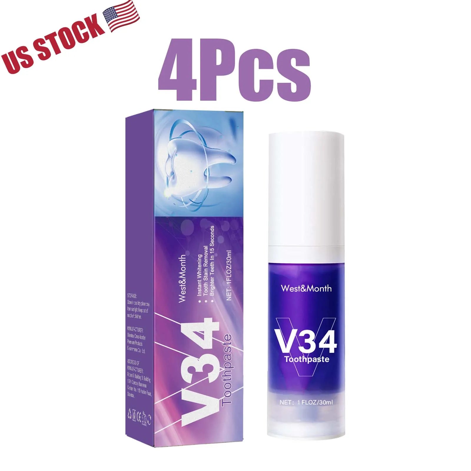 V34 Teeth Whitening Mousse, Purple Color Corrector Toothpaste, Dental Care, 30ml