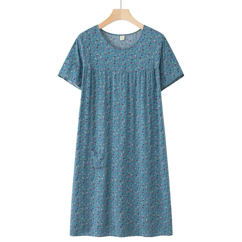 Middle-Aged and Elderly Short Sleeve Nightdresses Women Pajamas Summer Thin Loose Dresses Printed Ladies Sleepwear Homewear