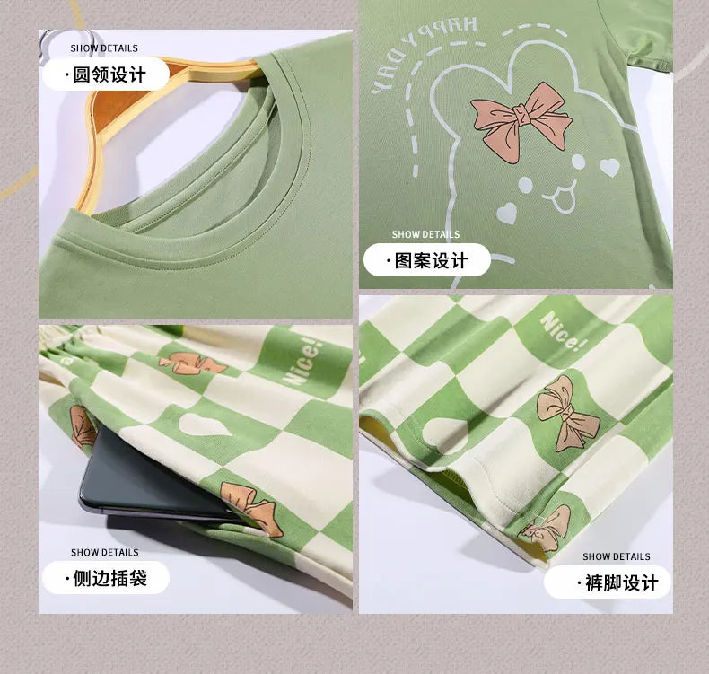 New Pajama Soft Cotton Pajamas for Women Summer Short Sleeved Plaid Pants Pijamas Korean Kawaii Rabbit Print Sleepwear