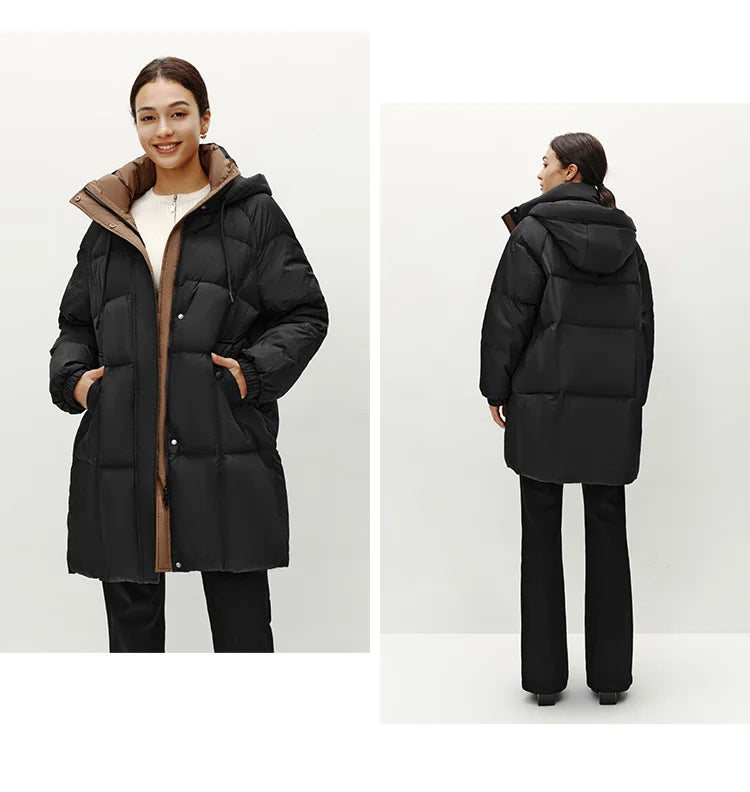 Semir Down Jacket Women Long Length Hooded Black Coat 2025 Winter New Loose Outerwear Fashion Women's down coat