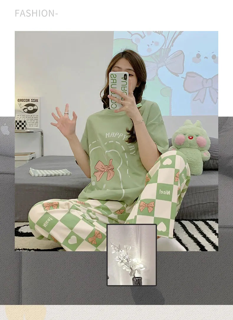 New Pajama Soft Cotton Pajamas for Women Summer Short Sleeved Plaid Pants Pijamas Korean Kawaii Rabbit Print Sleepwear