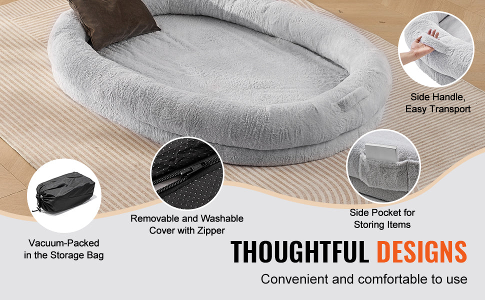 SucceBuy Human Dog Bed Human Dog Bed for Adult Human Size Dog Bed with Washable Faux Rabbit Fur Cover Egg Orthopedic Foam Grey